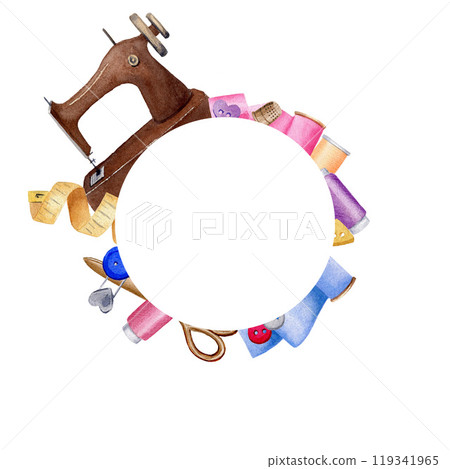 Sewing card with round copy space. Geometric round frame with sewing items. Watercolor illustration on white isolated background for design, print. 119341965