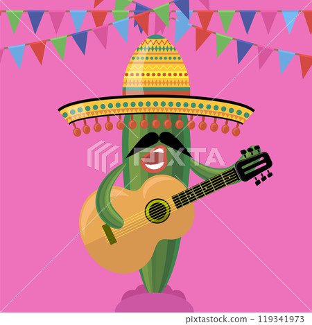 Vector green cactus with musical guitar. Cinco de mayo symbol on pink background 119341973