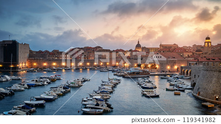 Dubrovnik marina in the old town at dusk, Croatia. 119341982