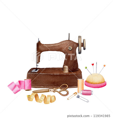 Brown vintage sewing machine with sewing equipment, isolated watercolor painting on white background. For posters, logo, label, postcards, stickers 119341985