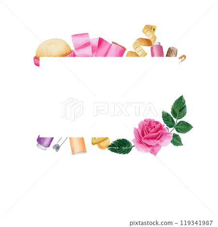 Sewing card with square copy space. Geometric square frame with sewing items and rose. Watercolor illustration on white isolated background for design 119341987