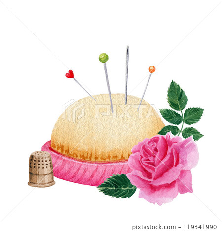 Pincushion, pins and needles with rose and thimble. Hand drawn watercolor painting in vintage style. Sewing supplies for theme design, logos, cards Pincushion, pins and needles with rose and thimble. Hand drawn watercolor painting in vintage style. Sewing supplies for theme design, logos, cards 119341990