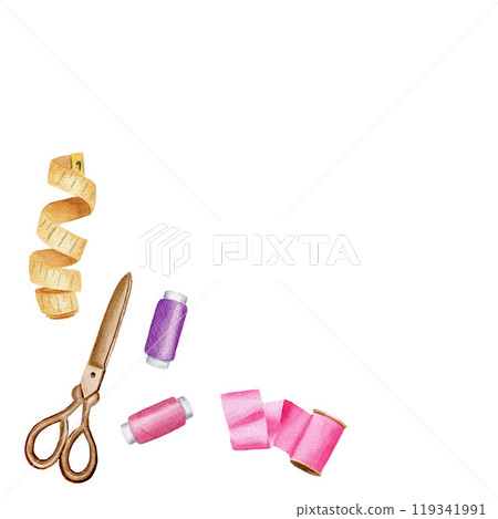 Watercolor illustration sewing seamstress craft supplies - scissors, thread, measuring tape, pink ribbon. Composition isolated on white background. Watercolor illustration sewing seamstress craft supplies - scissors, thread, measuring tape, pink ribbon. Composition isolated on white background. 119341991