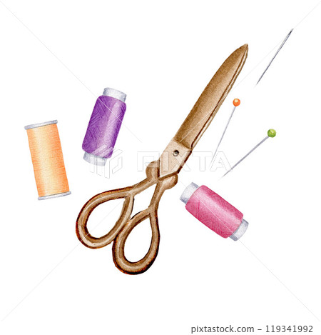 Watercolor illustration with sewing seamstress craft supplies - scissors, thread, needle and pins. Composition isolated on white background. 119341992