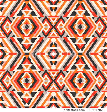 Vibrant Geometric Tribal Pattern in Warm Tones. Seamless background. Vibrant Geometric Tribal Pattern in Warm Tones. Seamless background. 119342023