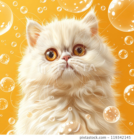 A fluffy white cat with large, expressive eyes gazes curiously amidst a backdrop of vibrant bubbles. The playful atmosphere and bright colors evoke a cheerful, delightful mood. A fluffy white cat with large, expressive eyes gazes curiously amidst a backdrop of vibrant bubbles. The playful atmosphere and bright colors evoke a cheerful, delightful mood. 119342145