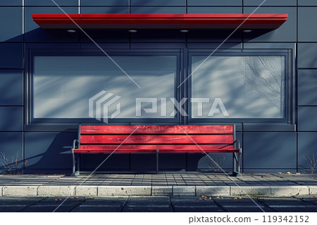 A vibrant red wooden bench is positioned in front of a sleek modern building during midday. The structure's dark facade contrasts sharply with the bench, creating a striking visual effect. 119342152
