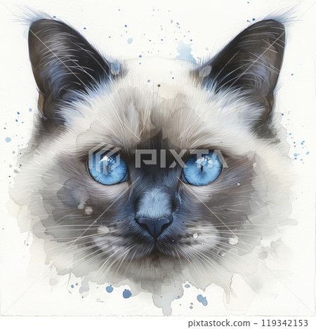 A detailed watercolor portrait showcases a Siamese cat with vibrant blue eyes. The artwork captures the feline's features with soft brush strokes and blending colors, creating a serene effect. 119342153