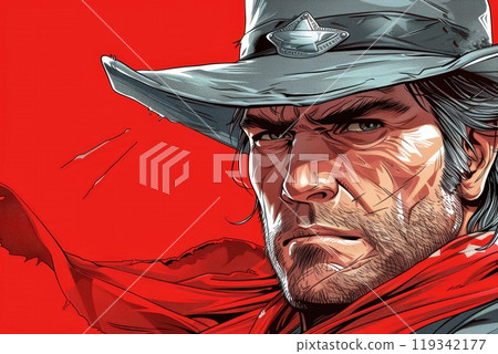 A determined cowboy with a weathered face and a wide-brimmed hat gazes intensely, his red scarf contrasting sharply against the vibrant red backdrop, embodying strength and resilience. A determined cowboy with a weathered face and a wide-brimmed hat gazes intensely, his red scarf contrasting sharply against the vibrant red backdrop, embodying strength and resilience. 119342177