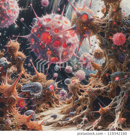 An intricate landscape reveals a vivid microscopic realm filled with diverse microorganisms. An intricate landscape reveals a vivid microscopic realm filled with diverse microorganisms. 119342180