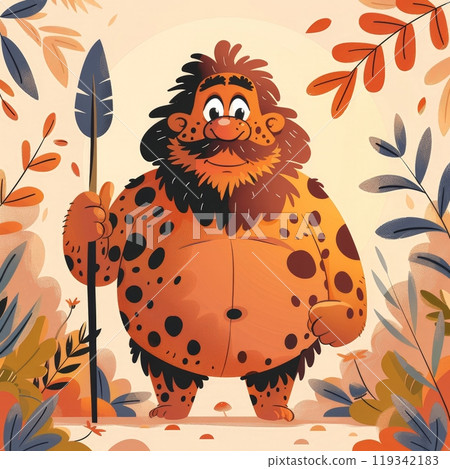 A jovial caveman with a distinct pattern of spots holds a spear, surrounded by vibrant autumn leaves. The setting conveys a playful, prehistoric atmosphere filled with nature's beauty. 119342183