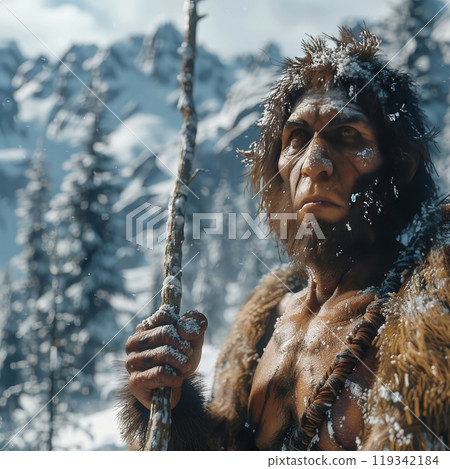 A prehistoric man stands in a snowy landscape, clutching a spear. 119342184