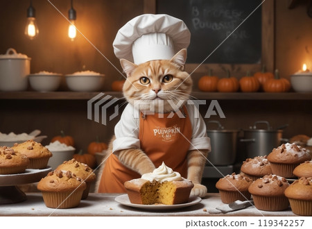 cute cat baker making pumpkin muffins in bakery 119342257