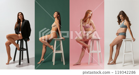 Collage. Beautiful young women with slim, fit and pregnant body, posing on chair in underwear against multicolored background 119342286