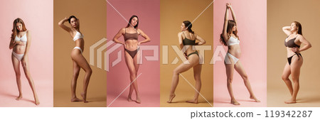 Collage. Full-length portrait of different beautiful young women with various body shapes, and pregnant woman posing in underwear 119342287