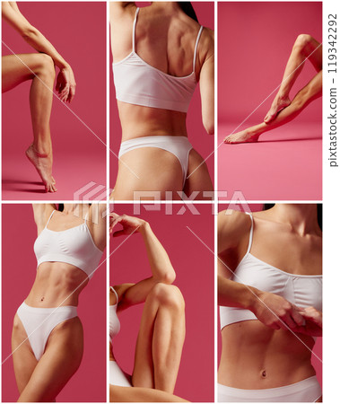 Collage. Cropped image of different body parts against pink background. Female model with fit, slim body, posing in underwear 119342292