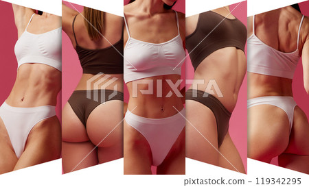 Collage. Focus on close-up body party emphasizes toned muscles and smooth skin. Fitness and aesthetic appeal. Cropped female bodies in underwear 119342295