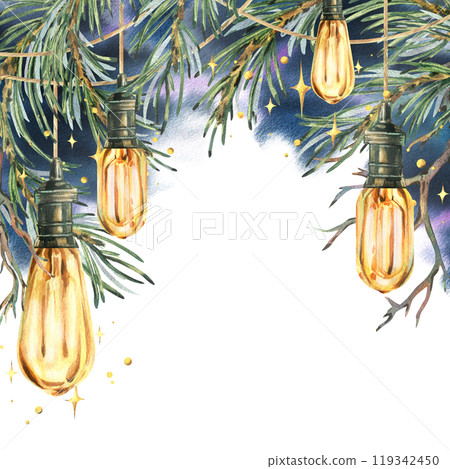 Retro Edison bulbs hanging with pine branches against the night sky with stars and lights. Watercolor illustration New Year Christmas hand drawn. Template, frame, isolated from background. 119342450
