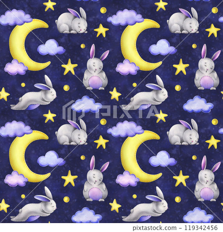 A cute gray bunny stitched sits and sleeps on a yellow moon with hanging stars, dots, clouds. Watercolor illustration, hand drawn. Seamless pattern on a dark blue background. A cute gray bunny stitched sits and sleeps on a yellow moon with hanging stars, dots, clouds. Watercolor illustration, hand drawn. Seamless pattern on a dark blue background. 119342456