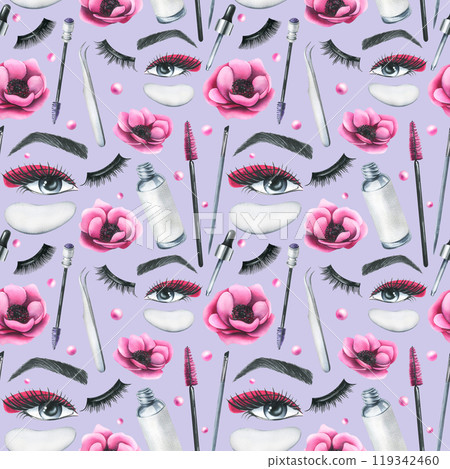 Cosmetics and brushes for eyes and eyebrows, tubes with pink anemone flowers. Watercolor illustration hand drawn. Seamless pattern on a lilac background. For eyelash extension and lamination 119342460