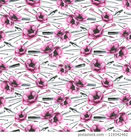 Cosmetics and brushes for eyes and eyebrows, tubes with pink anemone flowers. Watercolor illustration hand drawn. Seamless pattern on a white background. For eyelash extension and lamination. Cosmetics and brushes for eyes and eyebrows, tubes with pink anemone flowers. Watercolor illustration hand drawn. Seamless pattern on a white background. For eyelash extension and lamination. 119342462