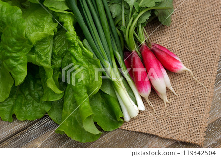 A bunch of freshly picked lettuce, radish and green onion are prepared for making salad on the burlap cloth on the wooden table. A bunch of freshly picked lettuce, radish and green onion are prepared for making salad on the burlap cloth on the wooden table. 119342504