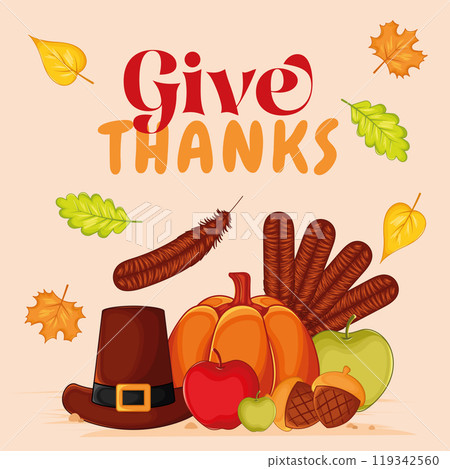 Give thanks with turkey, pumpkins, and pilgrim hat, Vector Give thanks with turkey, pumpkins, and pilgrim hat, Vector 119342560