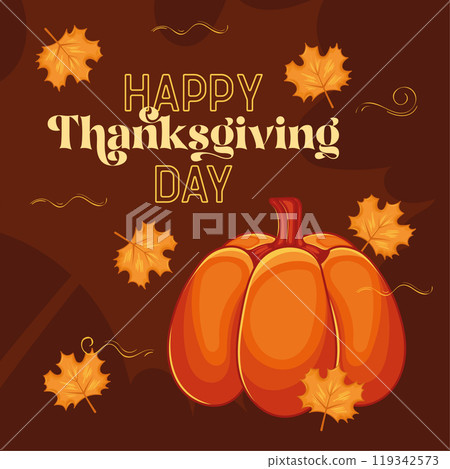 Thanksgiving Day pumpkin and autumn leaves on brown background, Vector Thanksgiving Day pumpkin and autumn leaves on brown background, Vector 119342573