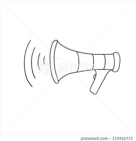 Monochrome loudspeaker with sound waves vector sketch painted by black inks. Etching drawing of sound and voice amplifier. Horn template illustration for message icon, promotion, marketing design. Monochrome loudspeaker with sound waves vector sketch painted by black inks. Etching drawing of sound and voice amplifier. Horn template illustration for message icon, promotion, marketing design. 119342715