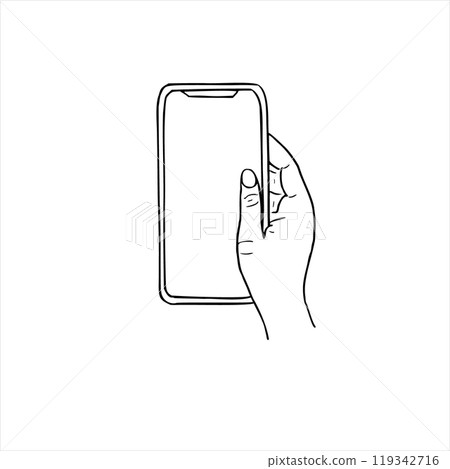Monochrome hand holding vertically phone with white display vector isolated sketch painted by black inks. Empty spice on mobile device for any text hand drawn illustration for poster 119342716