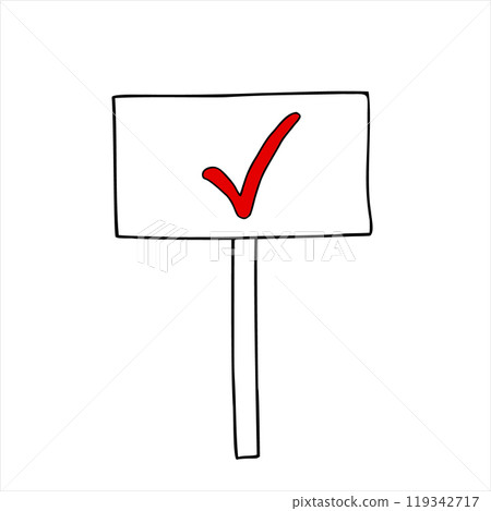 Placard banner with red tick icon silhouette monochrome flat vector isolated illustration. Sign of support and agreement line art black ink sketch. Choice concept of choice and the right decision. 119342717