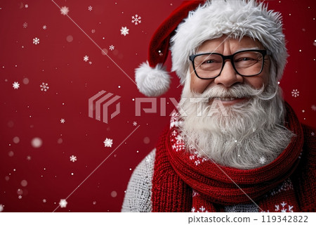An elderly man wearing a Santa hat and a cozy scarf smiles warmly, with snowflakes gently falling around him. The festive red backdrop enhances the joyful holiday spirit captured in this moment. 119342822