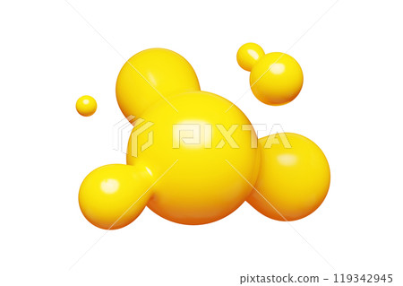 Yellow abstract liquid metaball shape. 3d render illustration of fluid soft bubble blob. Organic bright decorative sphere geometric form. Morphing ball aqua drop or molecule. Flow particles. 119342945