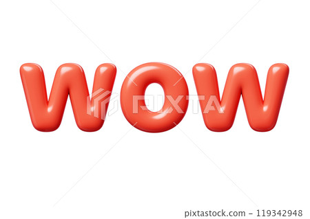 Wow red Inflatable flying word for promotion design. 3D render illustration of sale and discount floating text design element. Balloon cartoon volumetric sign for special offer advertising. Wow red Inflatable flying word for promotion design. 3D render illustration of sale and discount floating text design element. Balloon cartoon volumetric sign for special offer advertising. 119342948