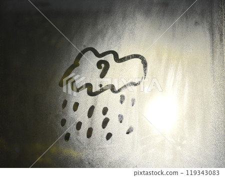 A cloud with raindrops is drawn on a window pane A cloud with raindrops is drawn on a window pane 119343083