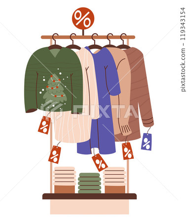 New Year sale. Store Christmas shopping. Shop rack with fashionable clothes and ugly xmas sweater with tree on hangers. Vector illustration. Concept Season purchase, gifts. Black Friday. New Year sale. Store Christmas shopping. Shop rack with fashionable clothes and ugly xmas sweater with tree on hangers. Vector illustration. Concept Season purchase, gifts. Black Friday. 119343154