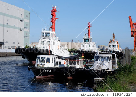 Patrol boats and tugboats moored at the Asahi Canal 119343224