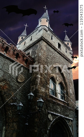 Horrible Halloween. Eerie mysterious view of the dark Gothic town hall with silhouettes of flying bats. Old scary castle or palace at night 119343375
