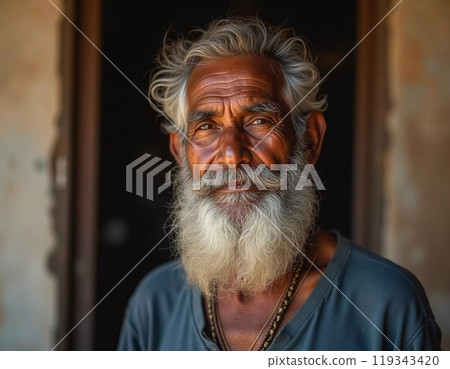 An elderly man from India exudes joy with a warm smile and twinkling eyes. His gray hair and beard reflect the wisdom of his years, showcasing a life rich in experiences. Generative AI 119343420