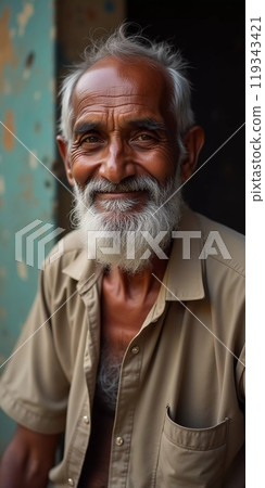 An elderly man from India exudes joy with a warm smile and twinkling eyes. His gray hair and beard reflect the wisdom of his years, showcasing a life rich in experiences. Generative AI 119343421