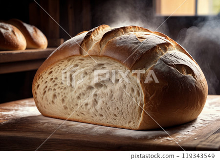 Hot bread freshly baked in the oven with a crispy crust made from white wheat flour that is still steaming. In the background of the bakery is an oven with shelves for bakery products. Close-up 119343549