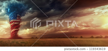 Giant tornado in colors of US flag - weather forecast and danger warning concept in USA 119343619