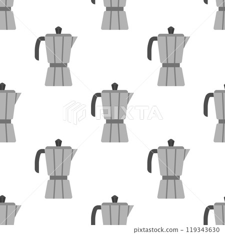 Seamless pattern with geyser coffee maker. Moka pot or coffee maker with roasted coffee beans. 119343630