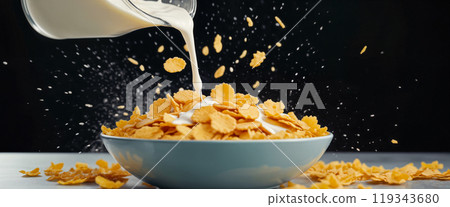 A pile of yellow-orange corn flakes in a deep white bowl stand on a table into which milk is poured from a height, creating splashes and flying flakes on a gray background. Close-up, side view 119343680
