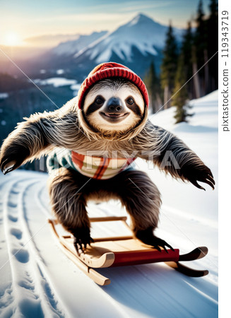 A smiling sloth in a winter hat is having fun and sledding down the snow from the mountain against the background of Christmas trees. The concept of life and fun, when even a slow sloth does it 119343719