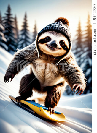 A smiling sloth in a winter hat is having fun and sledding down the snow from the mountain against the background of Christmas trees. The concept of life and fun, when even a slow sloth does it 119343720
