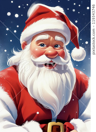Santa Claus in a red hat and coat with a white gray long beard is smiling. Traditional symbol of Christmas, portrait, blue background 119343746