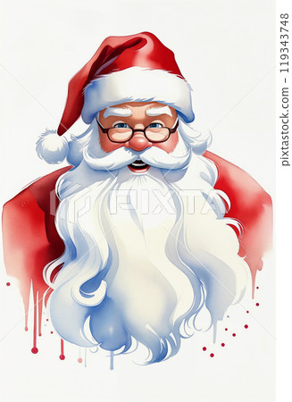 Santa Claus in a red hat and coat with a white gray long beard. Traditional symbol of Christmas, portrait, white background 119343748