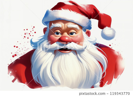 Santa Claus in a red hat and coat with a white gray long beard is smiling. Traditional symbol of Christmas, portrait, white background 119343770