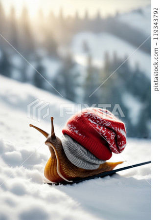 A snail in a winter hat rides or descends on a sled through the snow from the mountain against the background of Christmas trees. The concept of movement and full life when even a slow sloth does it 119343792
